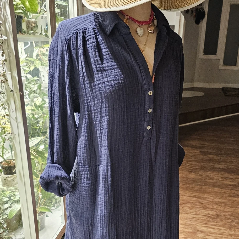 Sundry NWT Navy Blue Cotton Gauzy Navy Shirt Dress With Pockets. XL - Picture 7 of 10